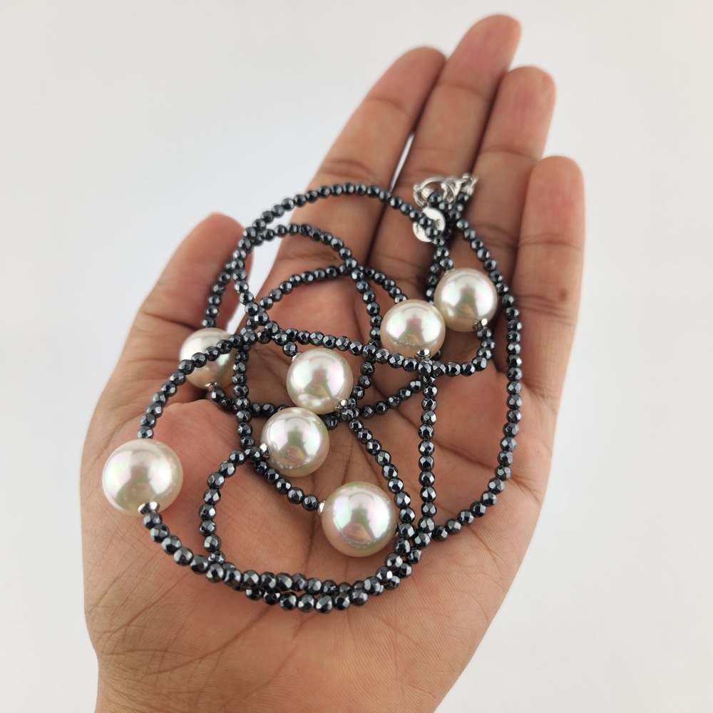 Pearl & Hematite Necklace 925 Sterling Silver Majorica 1890 Spain - Picture 2 of 10